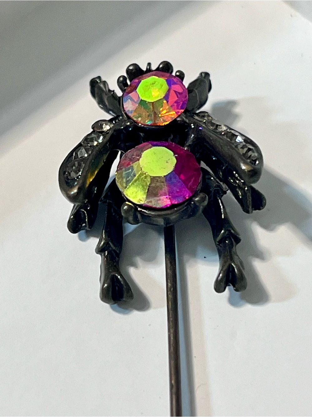Iridescent Crystal Beetle Stick Pin Brooch - Black Metal, Pink & Green Stones